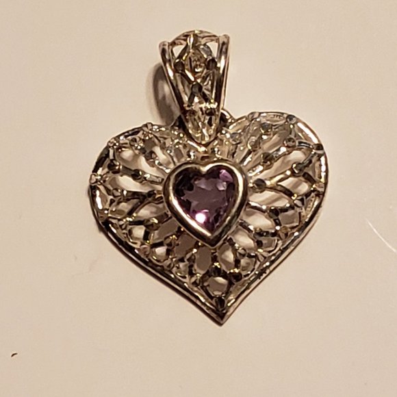 Genuine Amethyst Sterling Silver Filigree Heart Pendant - Picture 4 of 5